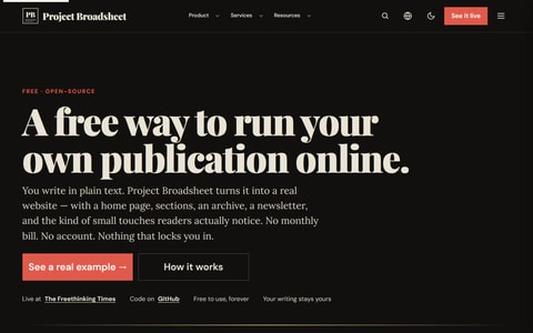 Project Broadsheet home page screenshot